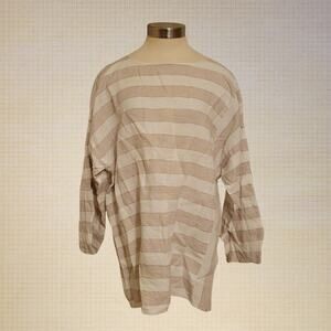Boho Soft Surroundings 1X Linen Blend Blouse Oval Neckline Striped Sleeves Cuff